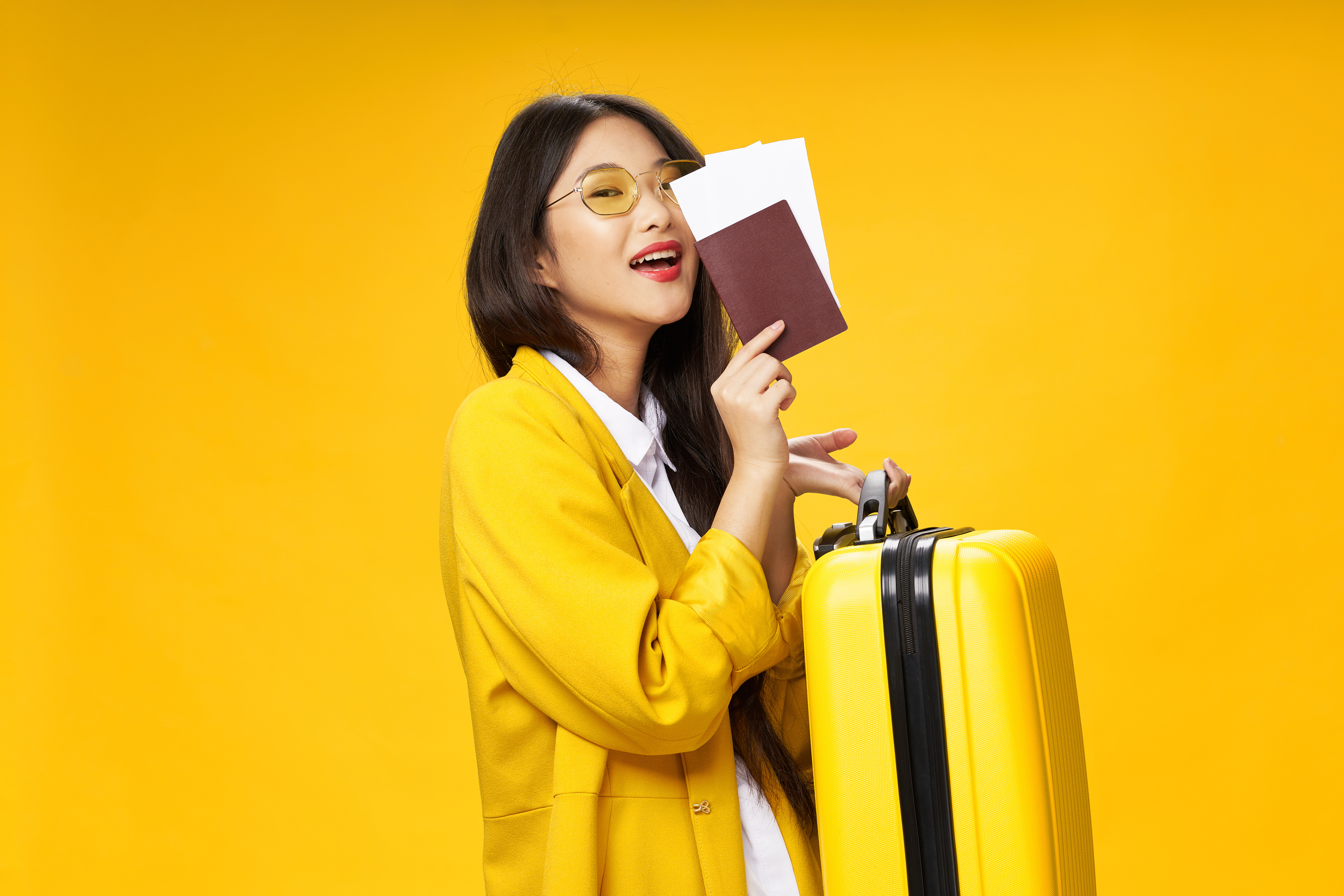 Woman Tourists Passports Plane Tickets Suitcase Passenger Airport